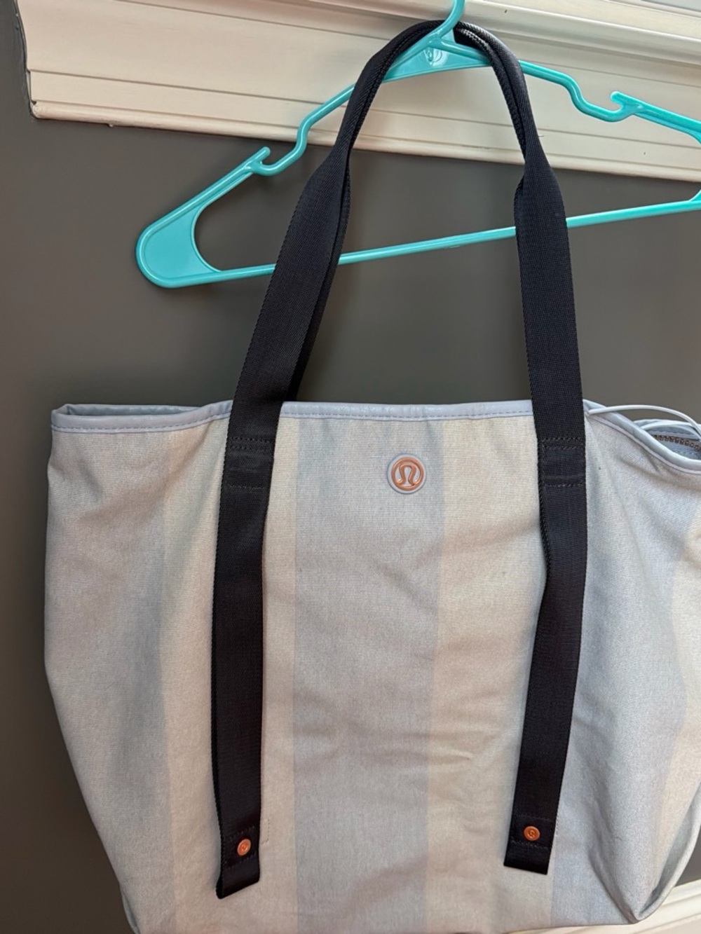 lululemon athletica Light Gray Striped Tote with Black Straps